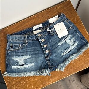 KanCan Medium Wash Button-Fly Denim Shorts Mid Rise Boyfriend Shorts